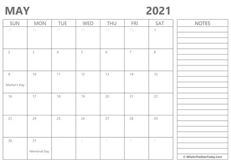 Editable May 2021 Calendar With Holidays And Notes Whatisthedatetodaycom