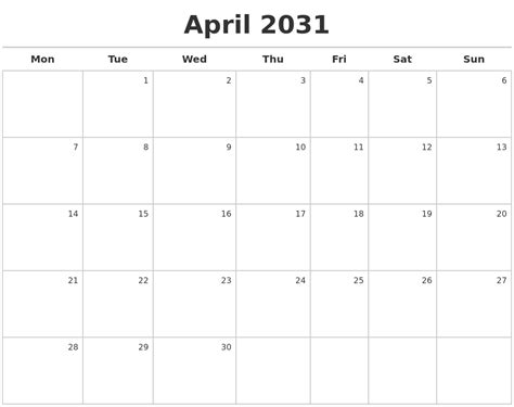 April 2031 Calendar Maker