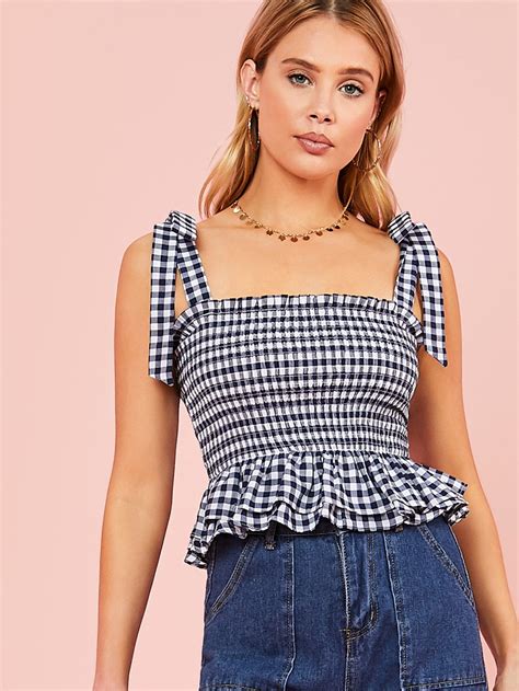 knotted strap shirred gingham peplum top check out this knotted strap shirred gingham peplum top