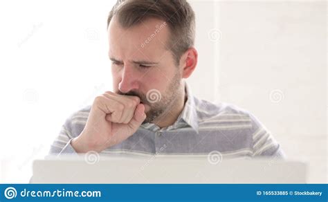 The Close Up Of Ill Man Coughing At Work Stock Image Image Of Sitting