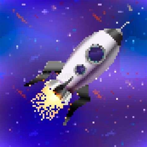 Bright Spaceship Cute Rocket In Pixel Art Style On Space Background