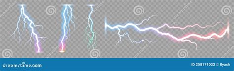 Vector Realistic Lightning Strike Discharge Electricity Thunderbolt On