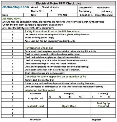 Elecrtrical Motor Ppm Maintenance Checklist Types And Format