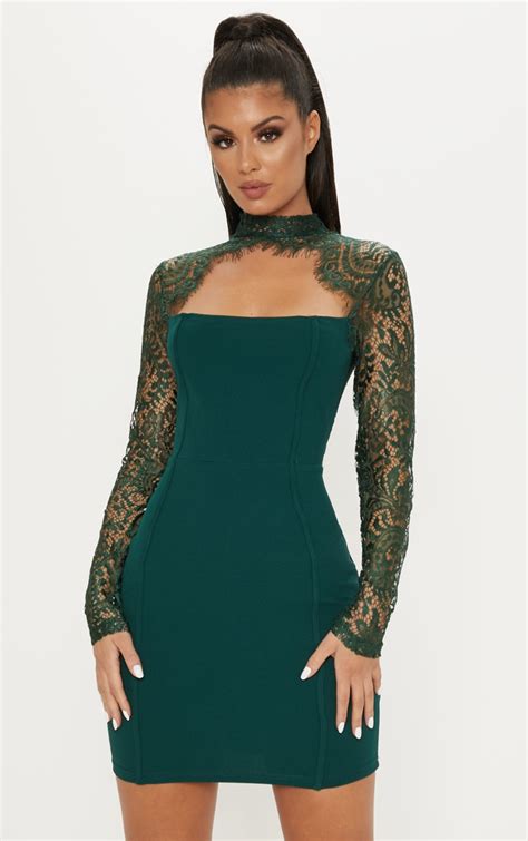 Emerald Green Lace Arm Binded Dress Dresses Prettylittlething
