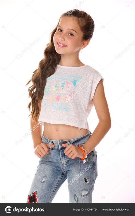Portrait Beautiful Happy Brunette Young Teen Girl Blue Jeans Bare Stock