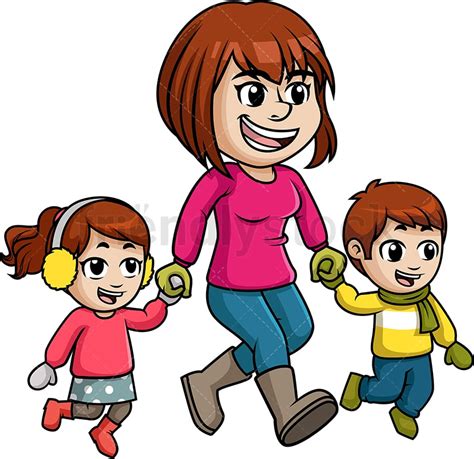 Mother Walking Kids In A Winter Day Cartoon Vector Clipart