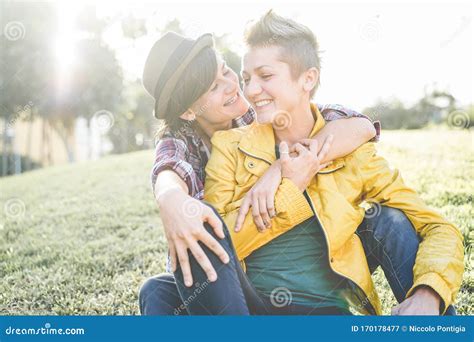 Happy Female Gay Couple Having Tender Moments Young Partners Women Enjoyng Time Together At