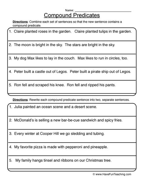 The following will give you some basic information on how to combine sentences, and then you will have the chance to practice sentence. Compound Predicates Sentences Worksheet | Have Fun ...