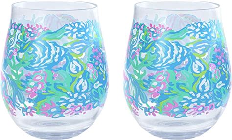 Lilly Pulitzer Stemless Wine Glass Set Of 2 16 Ounce Acrylic Wine Glasses Plastic