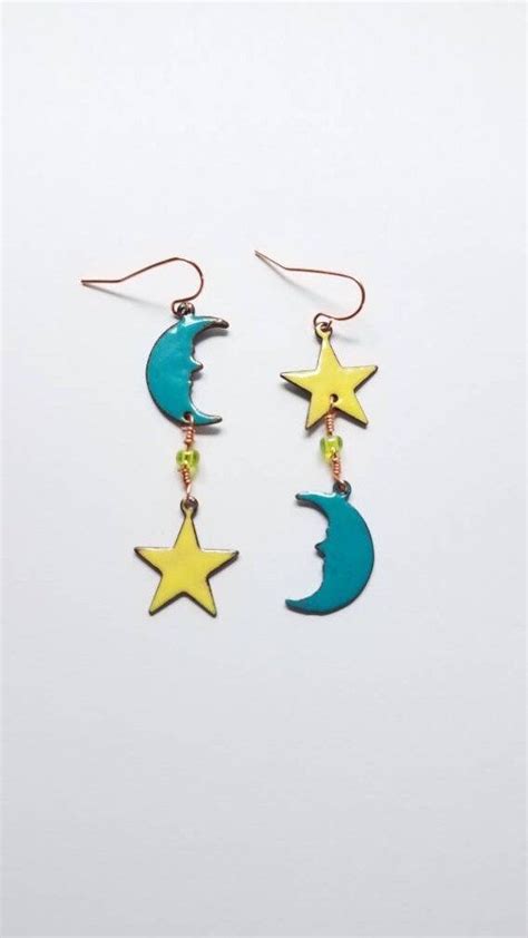 Copper Enameled Moon And Star Dangle Earrings Celestial Etsy