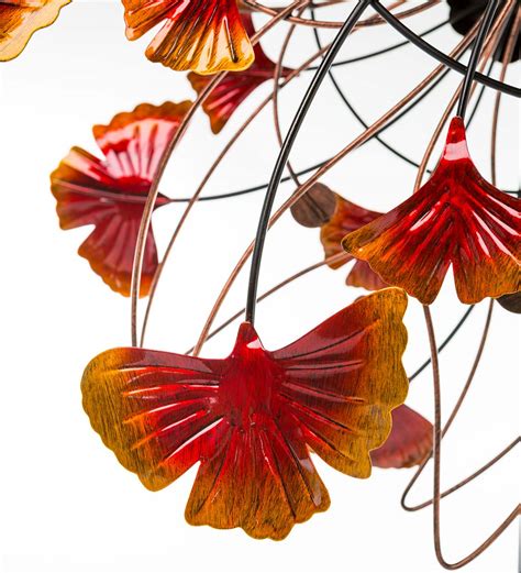 Metal Ginkgo Leaves Wind Spinner In Autumn Hues With Abstract Wire