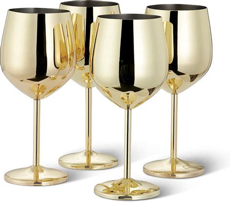 Oak And Steel 4 Elegant Stainless Steel Gold Wine Glasses 500ml