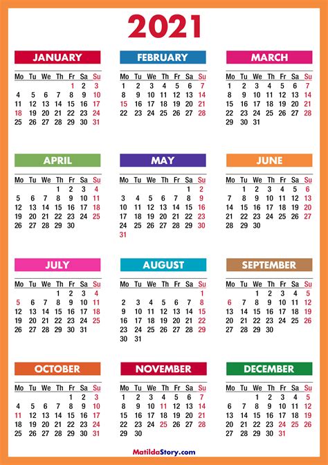 2021 Calendar With Holidays Printable Free Colorful Red Orange Monday