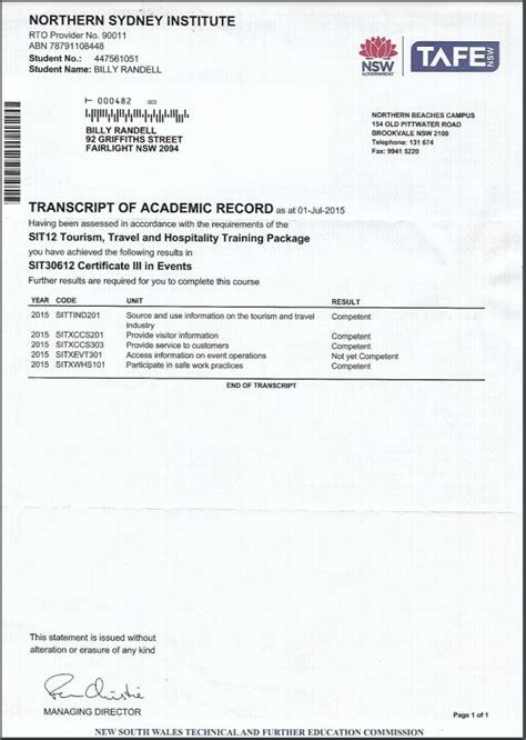 Tafe Transcript Of Academic Record Uc Portfolio