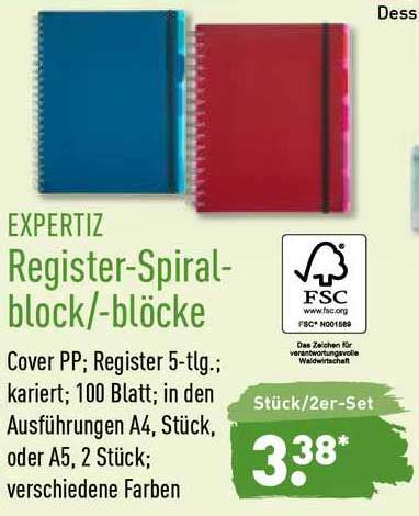 Expertiz Register spiral block Blöcke Angebot bei ALDI Nord