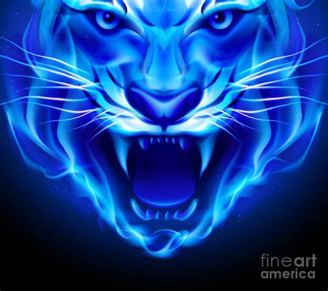 Tiger Neon Blue Scary Animal Cat Wild Jaw Teeth Face Digital Art By