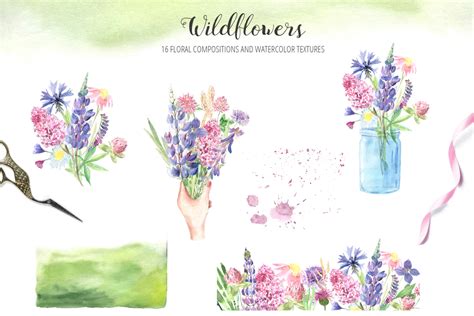 Watercolor Wildflowers Set In Illustrations On Yellow Images Creative Store