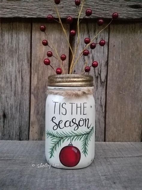 Tis The Season Christmas Mason Jar Christmas Decor Hand Painted