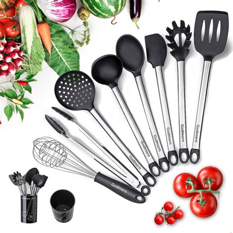 9Pcs Silicone Kitchen Utensil Set Cooking Utensil Nonstick Kitchen Tool with Plastic Holder ...