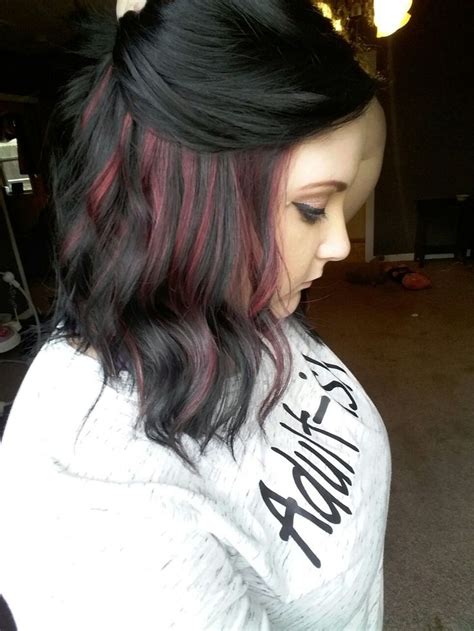 If you're looking for rich, dramatic color, this is it! Jet black hair with red peekaboo | Black red hair, Black ...