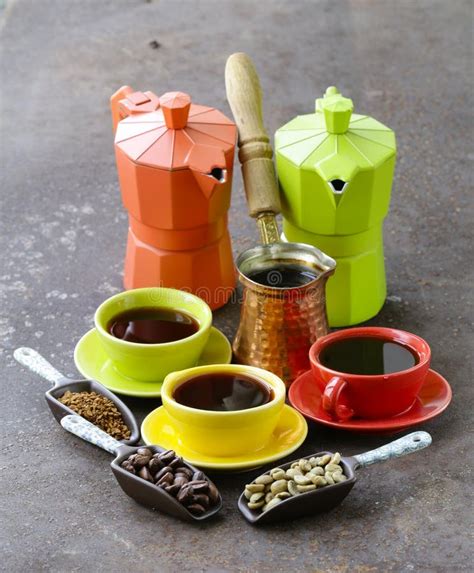 Green Black Coffee Beans Different Utensils Boiling Coffee Stock Photos
