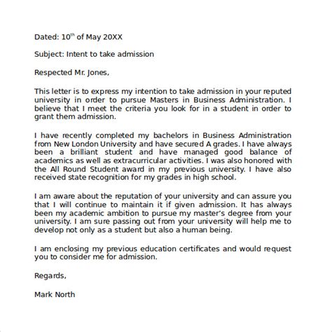 Sample Letter Of Intent For Undergraduate Admission