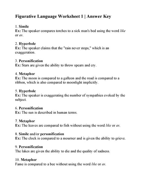 Identifying Figurative Language Worksheet 1 Answers Language Worksheets