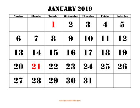 Free Download Printable Calendar 2019 Large Font Design Holidays On Red