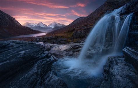 Wallpaper Sunset Mountains River Stones Waterfall Norway Cascade