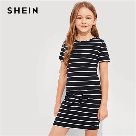 Shein Kiddie Girls Black And White Striped T Shirt Casual Dress