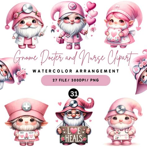Valentine S Gnome Doctor Nurse Clipart Pink Watercolor Cute