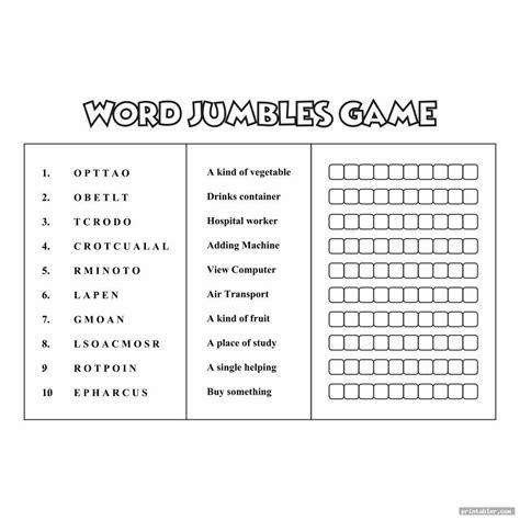 Unscramble all the spring season related vocabulary words in this word jumble at the free printable spring word jumble includes a list of 24 words with scrambled letters related to spring like sprout, tulip, showers, rainbow, warm. simple large print word jumbles printable - printabler.com ...