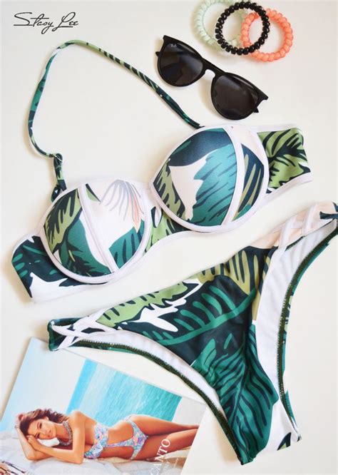 Sexy Women Bandage Bikini 2016 New Palm Beaches Plant Print Push Up
