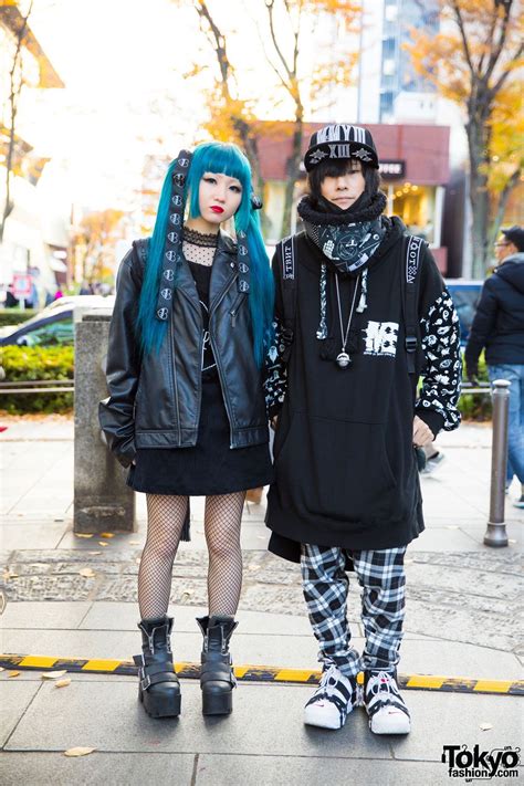 Harajuku Duo With Girl Wearing An All Black Fashion Style With Leather Jacket Corduroy Dress