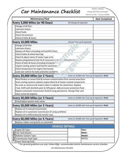 Car Maintenance Checklist Vehicle Maintenance Tracker Printable