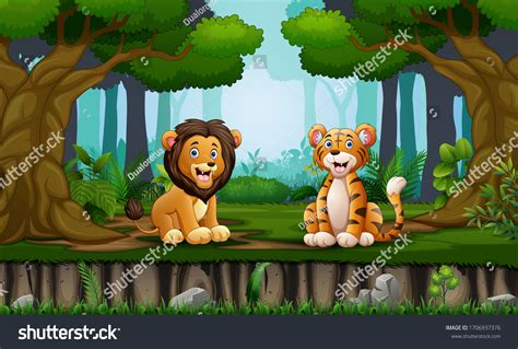 Lion Tiger Sitting Middle Forest Stock Vector Royalty Free 1706937376