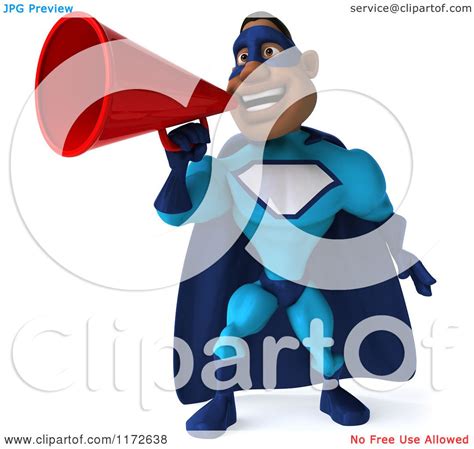 Clipart Of A 3d Announcing Black Super Hero Man In A Blue Costume 2