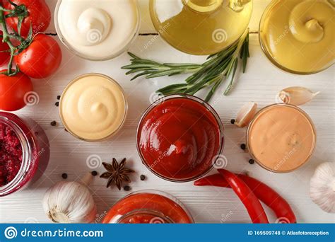 Set Of Different Delicious Sauces Garlic Cherry Tomatoes Olive Oil
