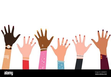 Set Of Hands Raised Up Group Of Diverse Human Arms With Accessories