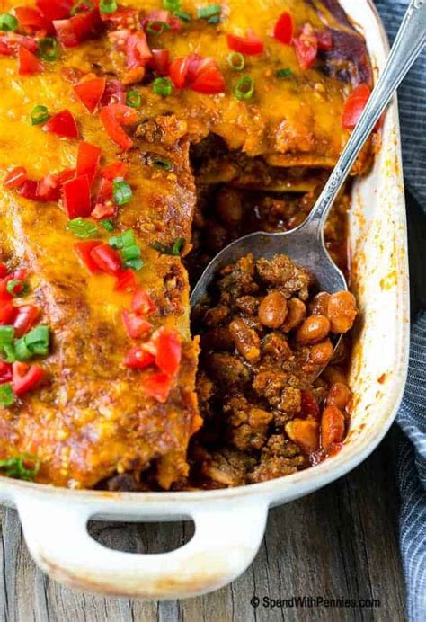 It's made with layers of tortillas, ground beef, cheese, and peppers. Beef Enchilada Casserole {A Crowd Pleaser} - Spend With ...