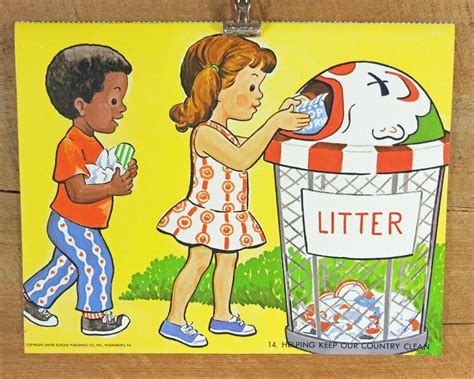 Vintage School Poster No Littering Trash Can Etsy School Posters