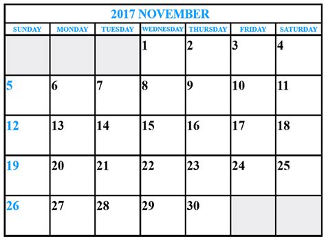 November 2017 Calendar Printable Template Holidays Monthly Calendar