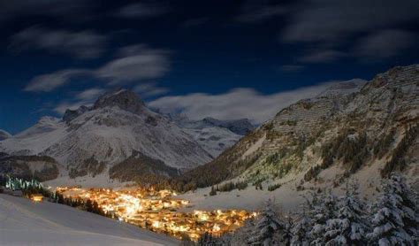 Winter Starry Night Austria Snow Forest City Lights
