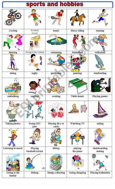 Sports And Hobbies Pictionary Worksheet Worksheets For Kids English