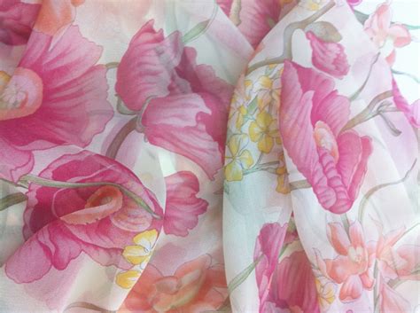 Pink Floral Print With Ivory Ground Chiffon Fabric By The