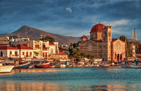 Harbor At Sunset On Greek Island Of Aegina Dwp1627474 Painting By