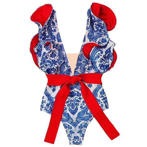 Ruffle Tie Detailed Delft Blue Sexy One Piece Swimsuit