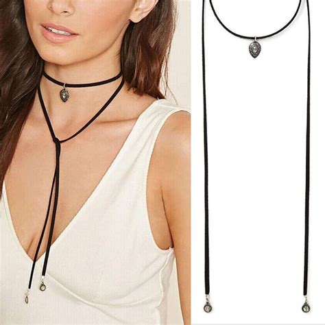 Punk Gothic Style Long Black Leather Chain Choker Necklace Boho Tie