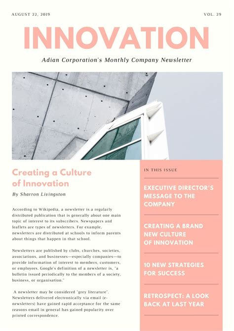 The Front Cover Of An Innovation Magazine With Pink And White Details