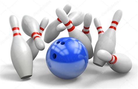 Blue Ball Hitting A Perfect Strike On Ten Pin Bowling ⬇ Stock Photo